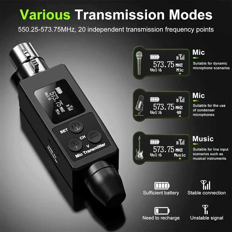 Transmisor y receptor sin varillas UHF con conexión tipo XLR para micrófono, sistema de microfonía inalámbrica compatible con micrófonos dinámicos/condensadores y mezcladoras de audio, adecuado para sistemas PA