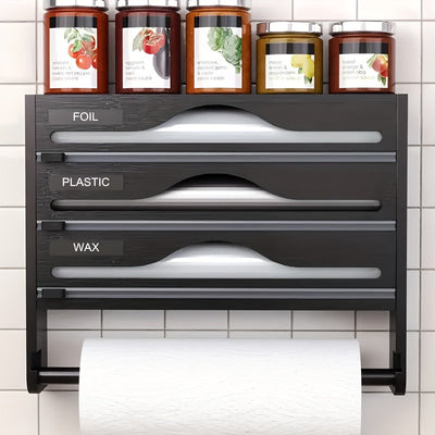 Organizador de Cocina Montado en Pared con Porta Papel Film, Bolsas de Basura y Aluminio - 2/3 Compartimentos para Película Adhesiva, Papel de Albañil y Especias, Accesorios de Bambú, Diseño Elegante y Acabado Suave, Ahorra Espacio