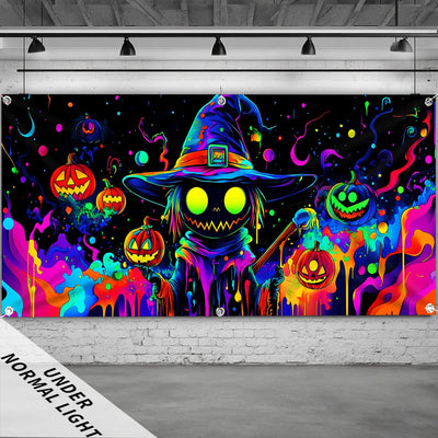 Una figura de calabaza vibrante de tamaño grande que brilla bajo luz UV, perfecta para Halloween. Esta decoración de puerta de garaje de poliéster sirve varios propósitos festivos y es adecuada para decorar el hogar y el jardín. Es fácil de colgar (la im