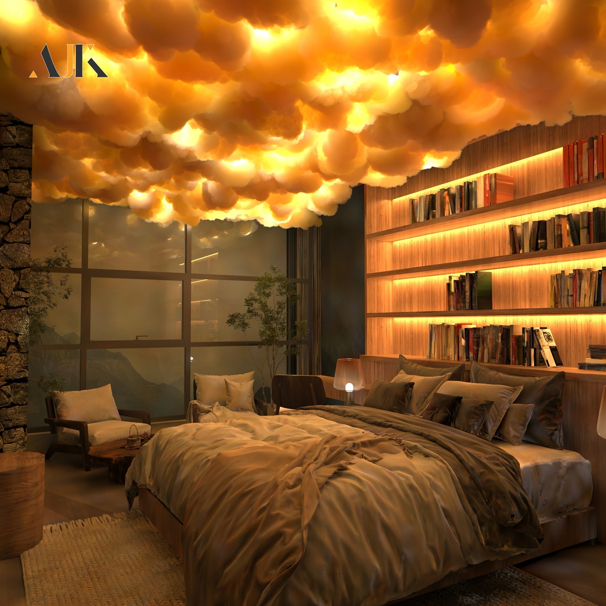 Kit de luces de nube grande 3D AJK 6m, sincronización de música, blanco cálido, multicolor, cambio de luces de rayo, las decoraciones más frescas para el hogar, dormitorio, hotel, cafetería