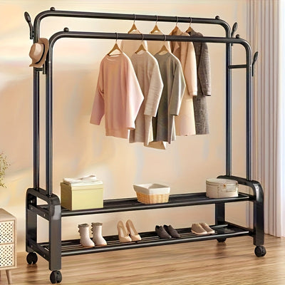 Organizador de Ropa con Ruedas - Estantería Doble para Secado y Almacenamiento de Zapatos, Soporte Plástico Resistente para Dormitorio o Armario, Solución Multifuncional Ahorradora de Espacio, Diseño Eficiente con Barras Dobles