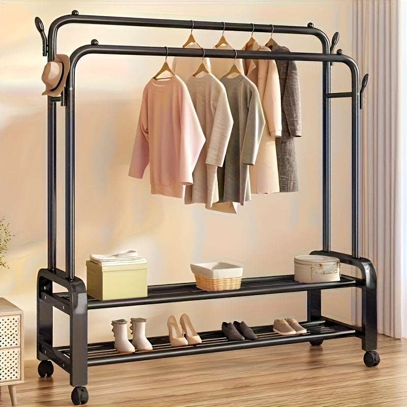 Organizador de Ropa con Ruedas - Estantería Doble para Secado y Almacenamiento de Zapatos, Soporte Plástico Resistente para Dormitorio o Armario, Solución Multifuncional Ahorradora de Espacio, Diseño Eficiente con Barras Dobles