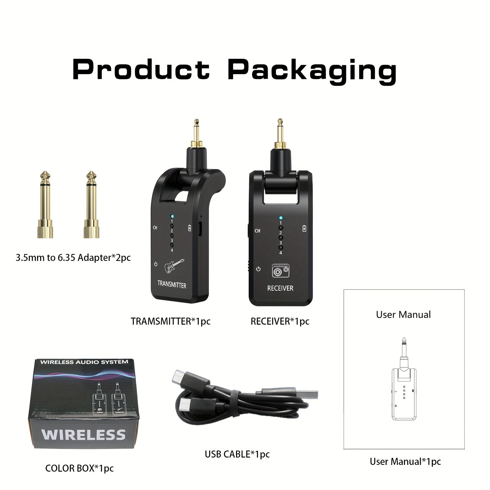 Sistema sin varillas para Guitarra de 8 Canales, Interfaz 3.5mm/6.35mm Compatible con Guitarras y Bajos Electrónicos - Transmisor y Receptor