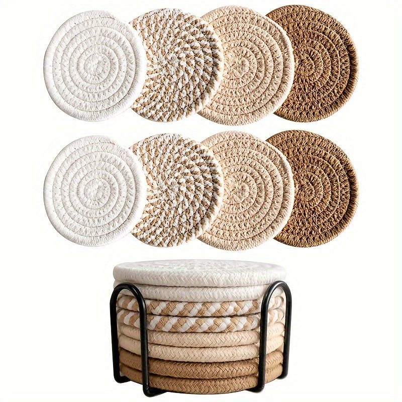 Juego de 8 posavasos pequeños absorbentes, manteles resistentes al calor para tazas de café y té, manteles decorativos estilo bohemio para el hogar, posavasos de tela minimalistas con soporte de almacenamiento, diámetro 11 cm