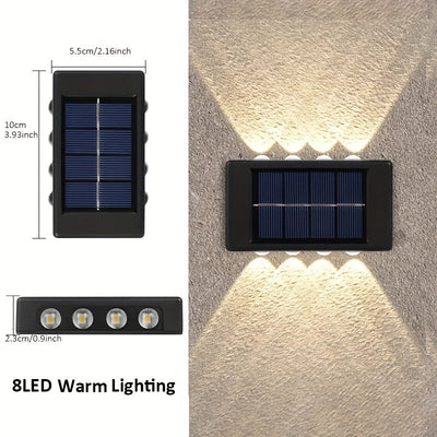 6 piezas de 8 luces solares para paredes exteriores, luces decorativas para patio, villa y jardín, luces de valla y sendero, luces de porche de jardín, luces pequeñas para paredes, luces convexas con luz ascendente y descendente, adecuadas para jardines,