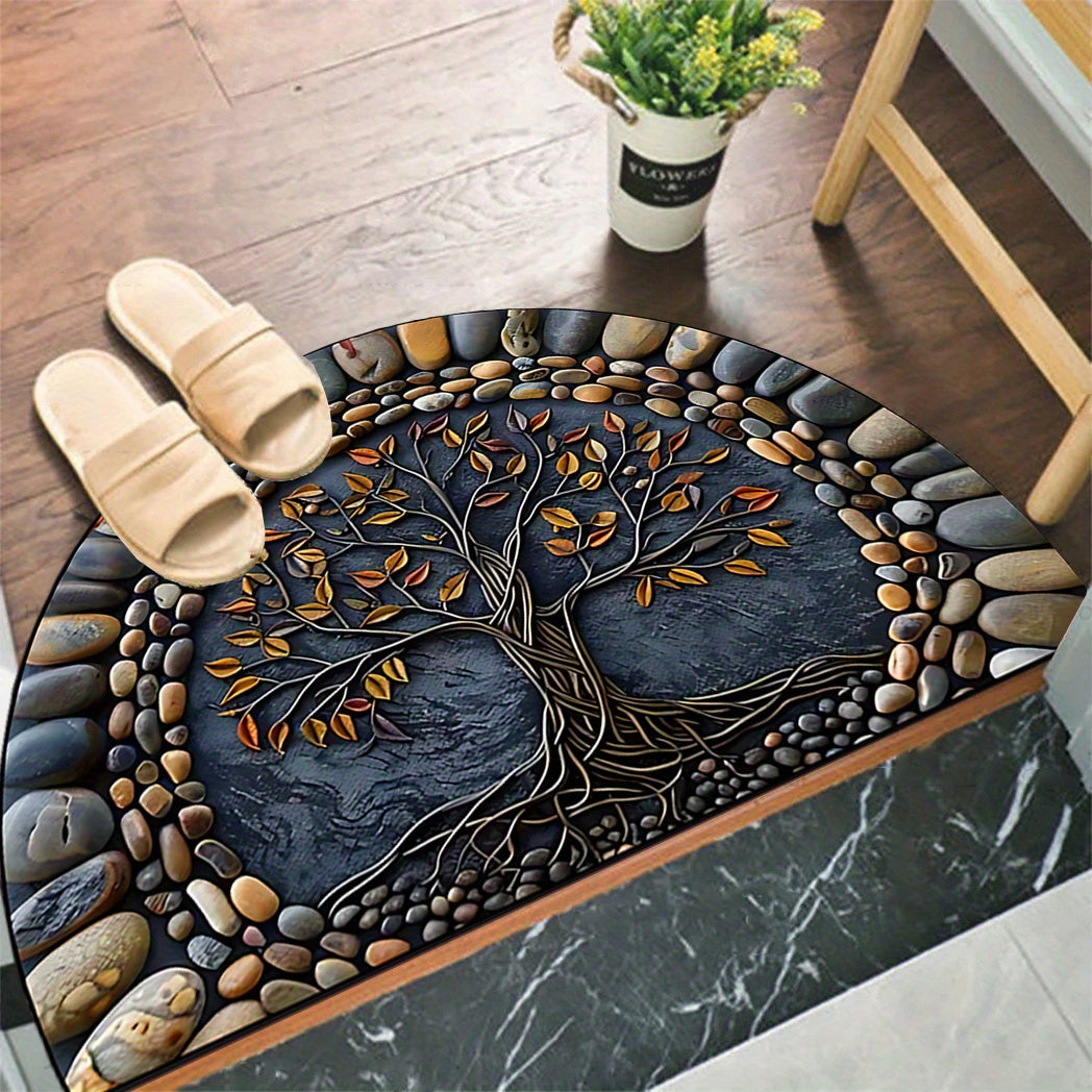 1pc Felpudo de bienvenida con árbol de la vida - Lavable, antideslizante con respaldo de silicona, poliéster, para decoración de porche/sala de estar/dormitorio/oficina y exterior