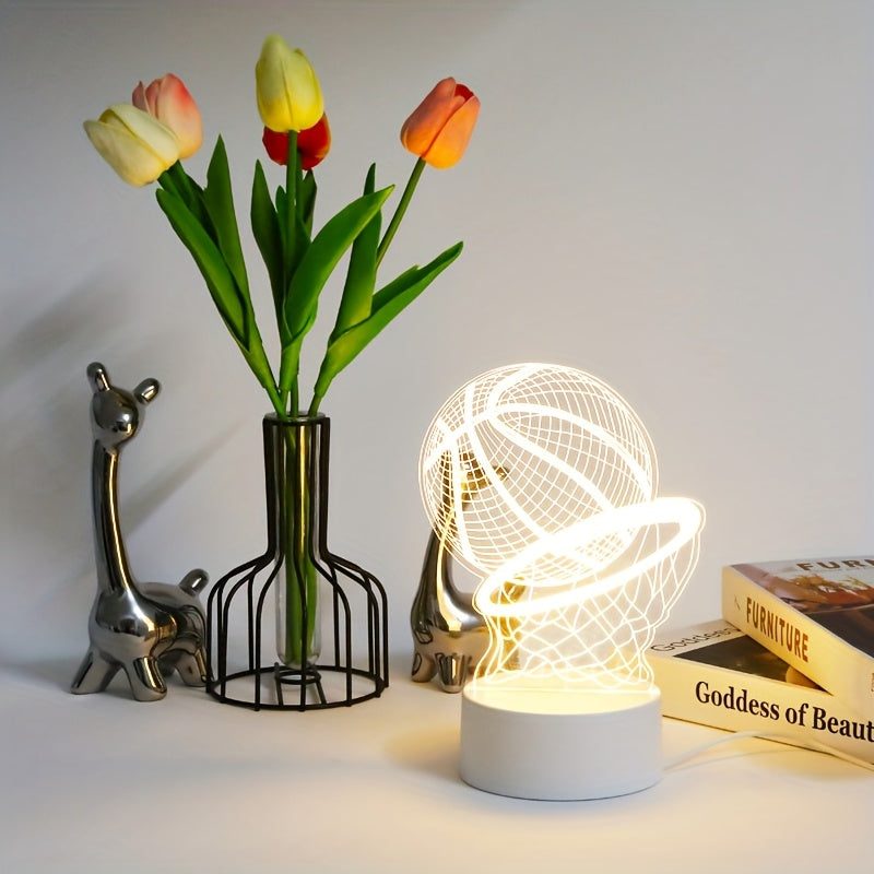 Luz nocturna LED de baloncesto 3D - Lámpara de mesa con diseño geométrico y brillo cálido, alimentada por USB, decoración moderna para dormitorio, regalo perfecto para el cumpleaños de Navidad para fans del deporte, luz nocturna para dormitorio | Ilumina