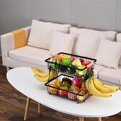 Cesta de frutas de 2 niveles con ganchos para plátanos - Estante de almacenamiento de alambre negro duradero para encimera de cocina, perfecto para frutas, verduras, snacks, café, cuidado de la piel y toallas, solución de almacenamiento de cocina | Acces