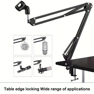 Soporte de micrófono de suspensión de metal negro, fundición de metal reforzada con base mejorada y aros, compatible con la mayoría de los micrófonos, soporte de choque, soporte de teléfono, para soporte de for ipad, equipo de estudio de grabación | Mont