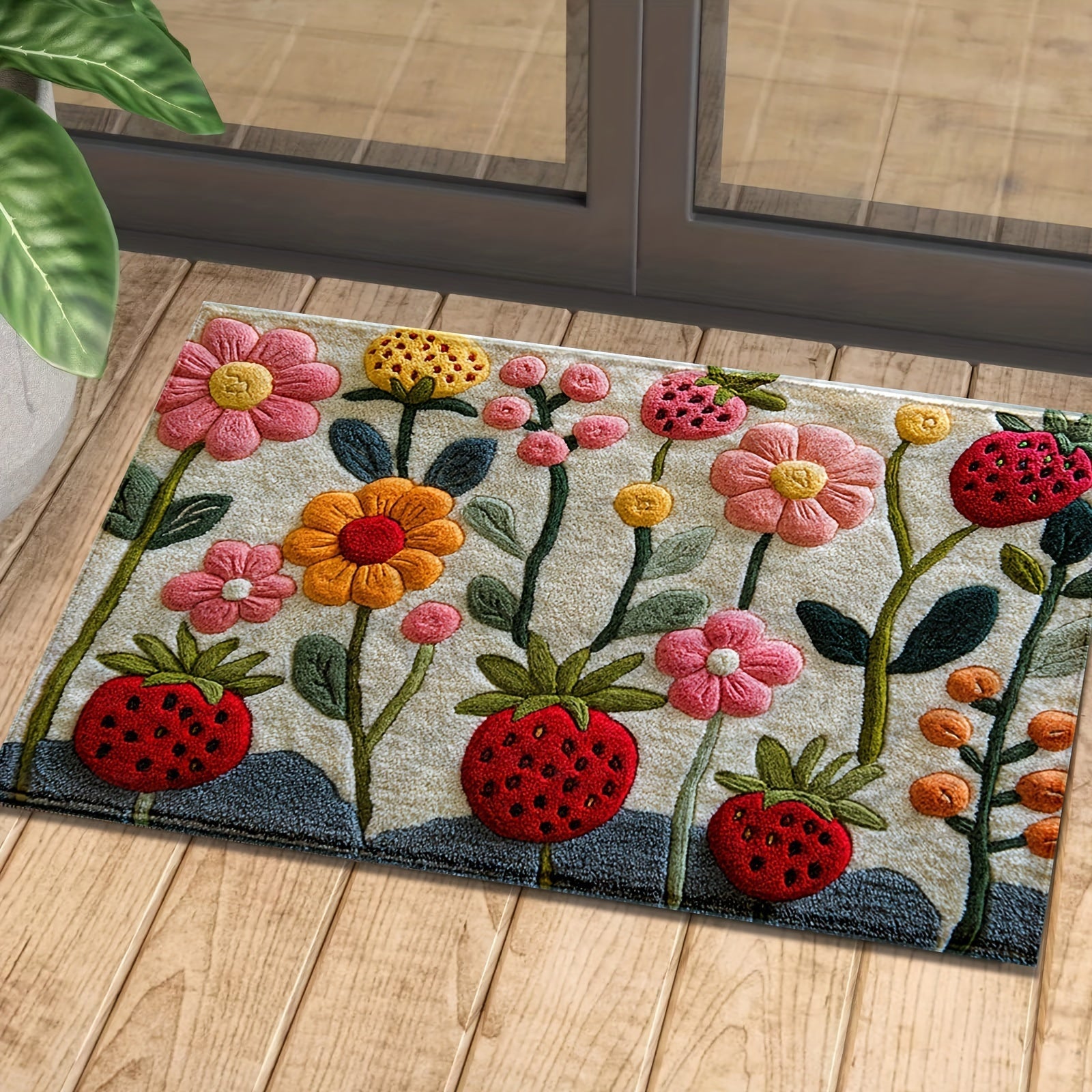 Alfombra de baño de diseño floral y fresa 3D - Antideslizante, absorbente, lavable de fibra de poliéster, ideal para decoración de dormitorio, baño y entrada, decoración de hogar estacional, alfombra de baño | Alfombra de piso decorativa | Alfombra absor