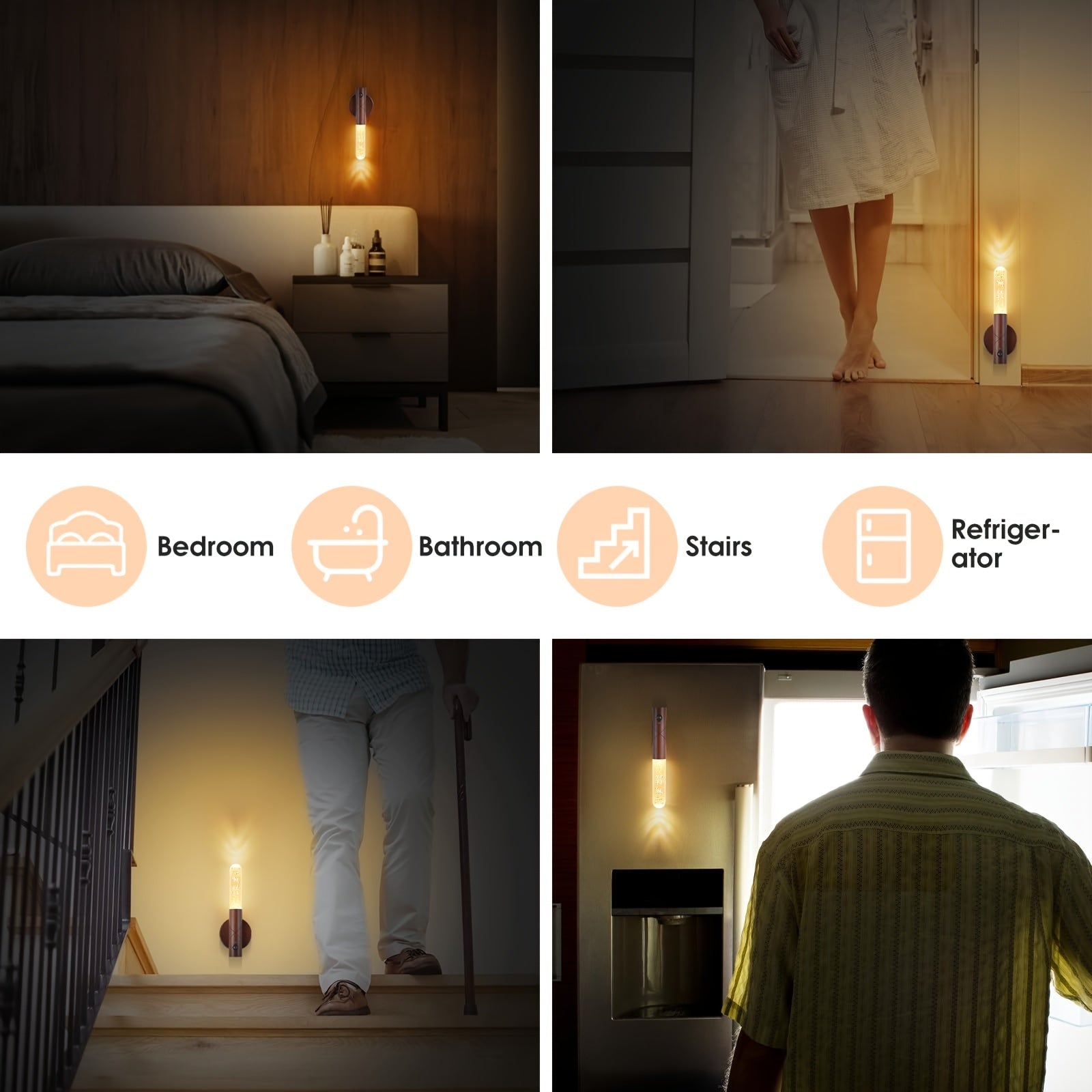 2 Piezas de Aplique con Sensor de Movimiento Recargable, Luces LED Portátiles Magnéticas para Escaleras y Dormitorio, Alimentadas por Batería, Color Marrón Oscuro, Iluminación Cálida Blanca