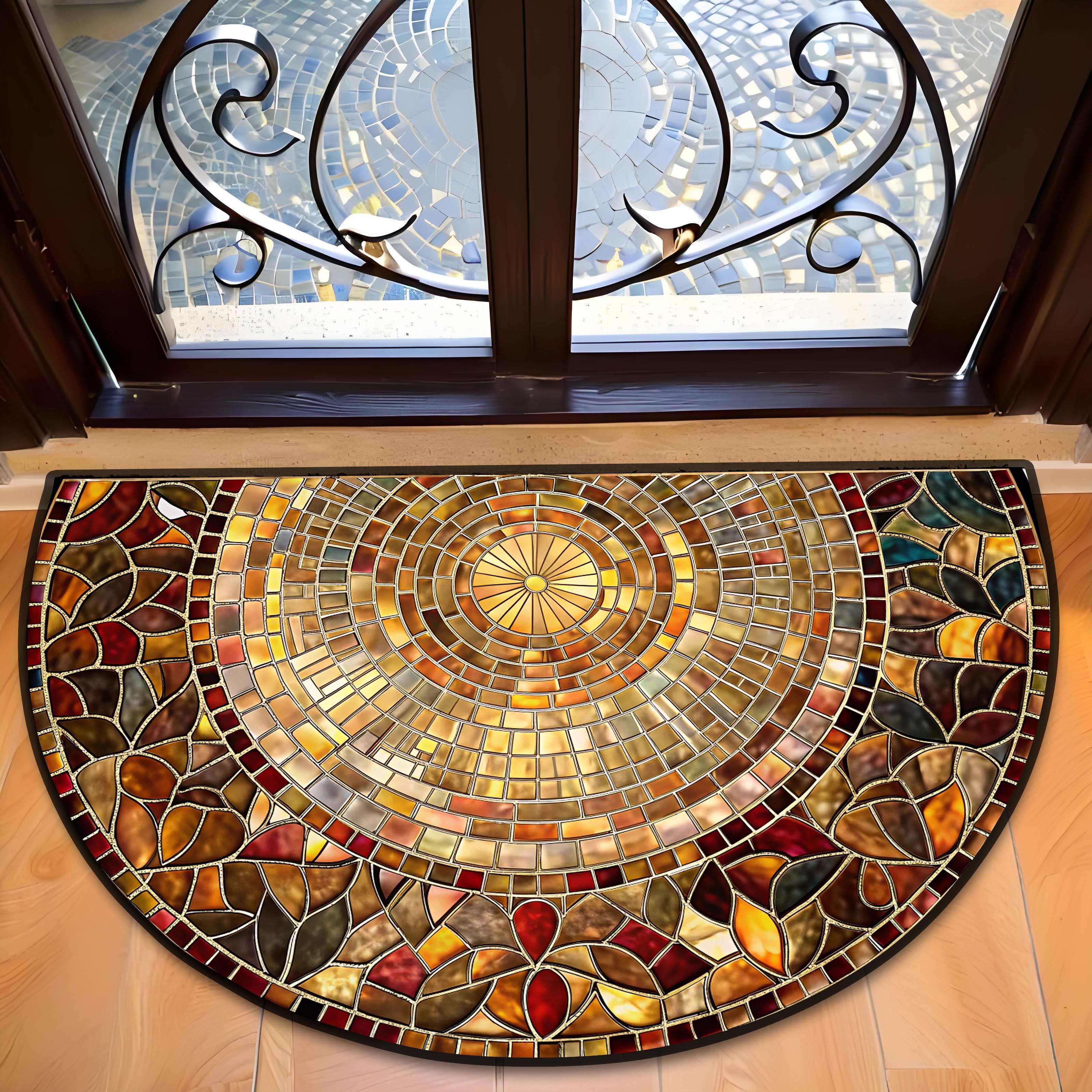1pz Felpudo con Diseño de Hojas - Tapete Semicircular de Terciopelo Diamante Dorado, 1000g por Metro Cuadrado, Lavable en Máquina, Diseño de Mosaico Vibrante, Adecuado para Entrada, Dormitorio, Sala de Estar, Cocina y Más Decoración del Hogar