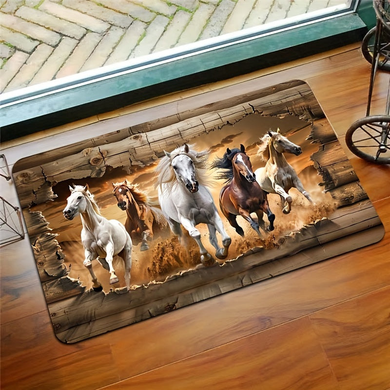 Felpudo de poliéster lavable a máquina con base de PVC antideslizante - Diseño de caballos galopantes para entrada interior, cocina, baño, dormitorio, sala de estar - Alfombra decorativa para el hogar, forma rectangular