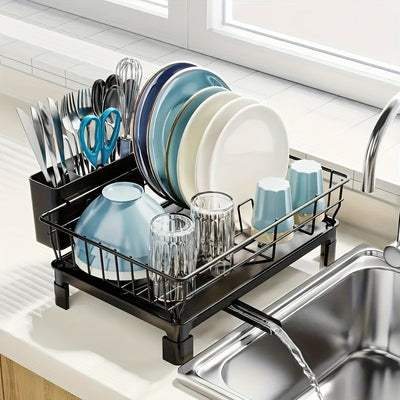 Escurridor de platos compacto de metal con porta utensilios y desagüe, ahorrador de espacio para cocina o fregadero, ideal para autocaravanas y apartamentos pequeños