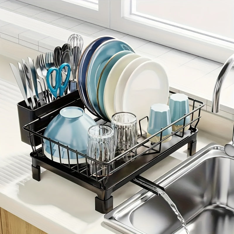 Escurridor de platos compacto de metal con porta utensilios y desagüe, ahorrador de espacio para cocina o fregadero, ideal para autocaravanas y apartamentos pequeños