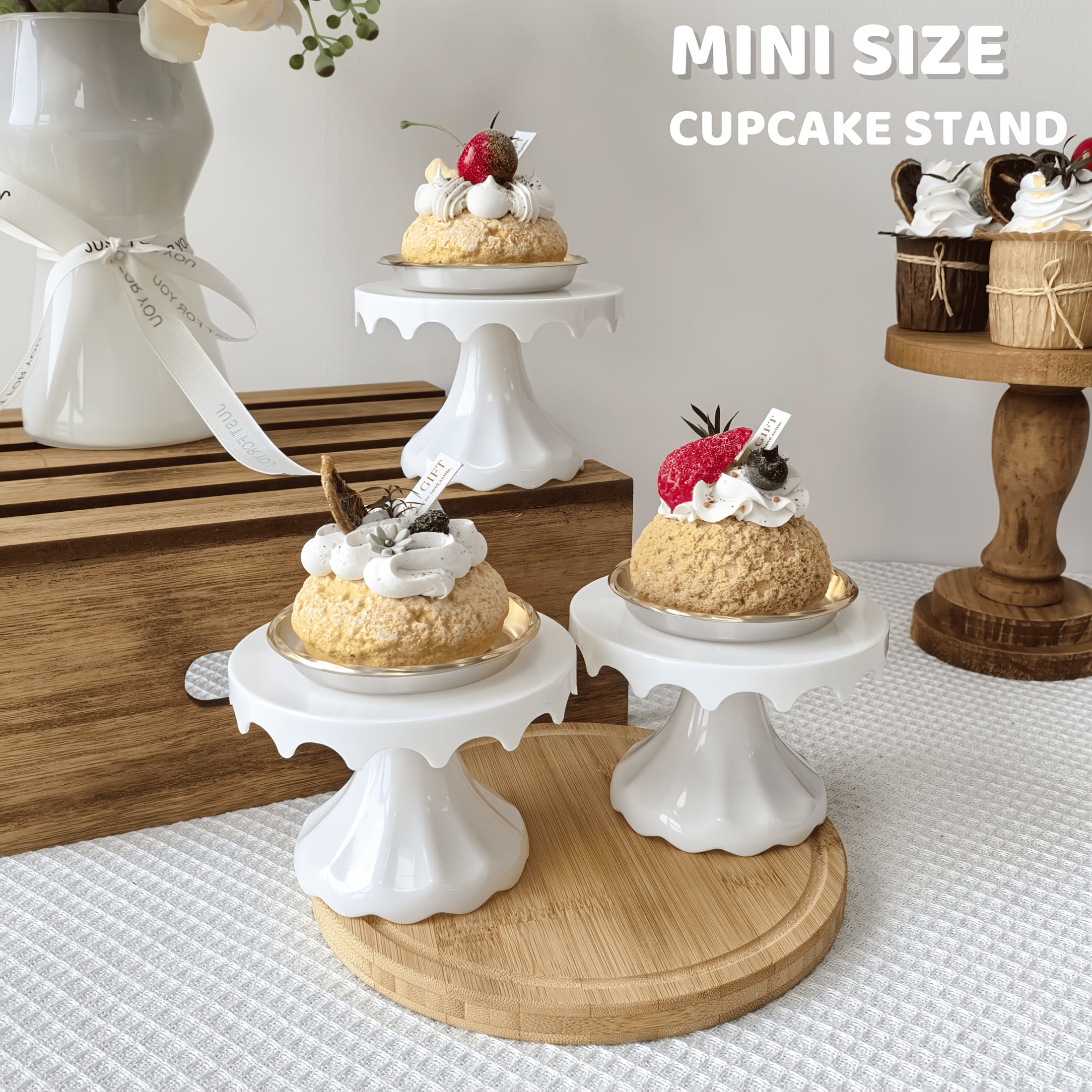 Juego de 3 soportes para cupcakes mini, base para exhibir pasteles pequeños, macarons, chocolates, postres, suministros para bodas, cumpleaños, baby shower, fiestas de té, fiestas rosadas y blancas