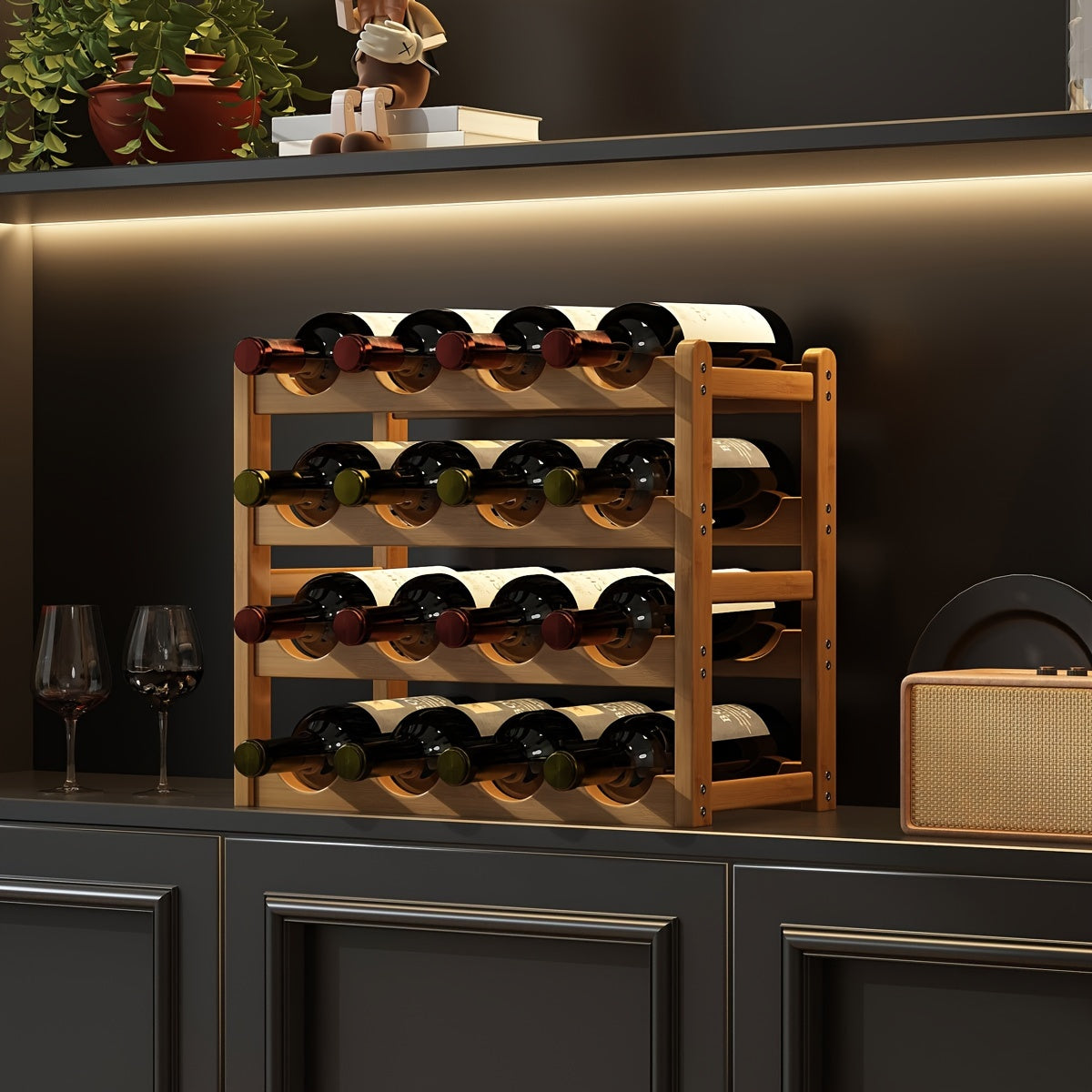 Estantería para Botellas de Vino Tinto en Capas y Separadas, Capacidad para 6/8/9/12/16 Botellas, 2/3/4 Niveles, Requiere Montaje