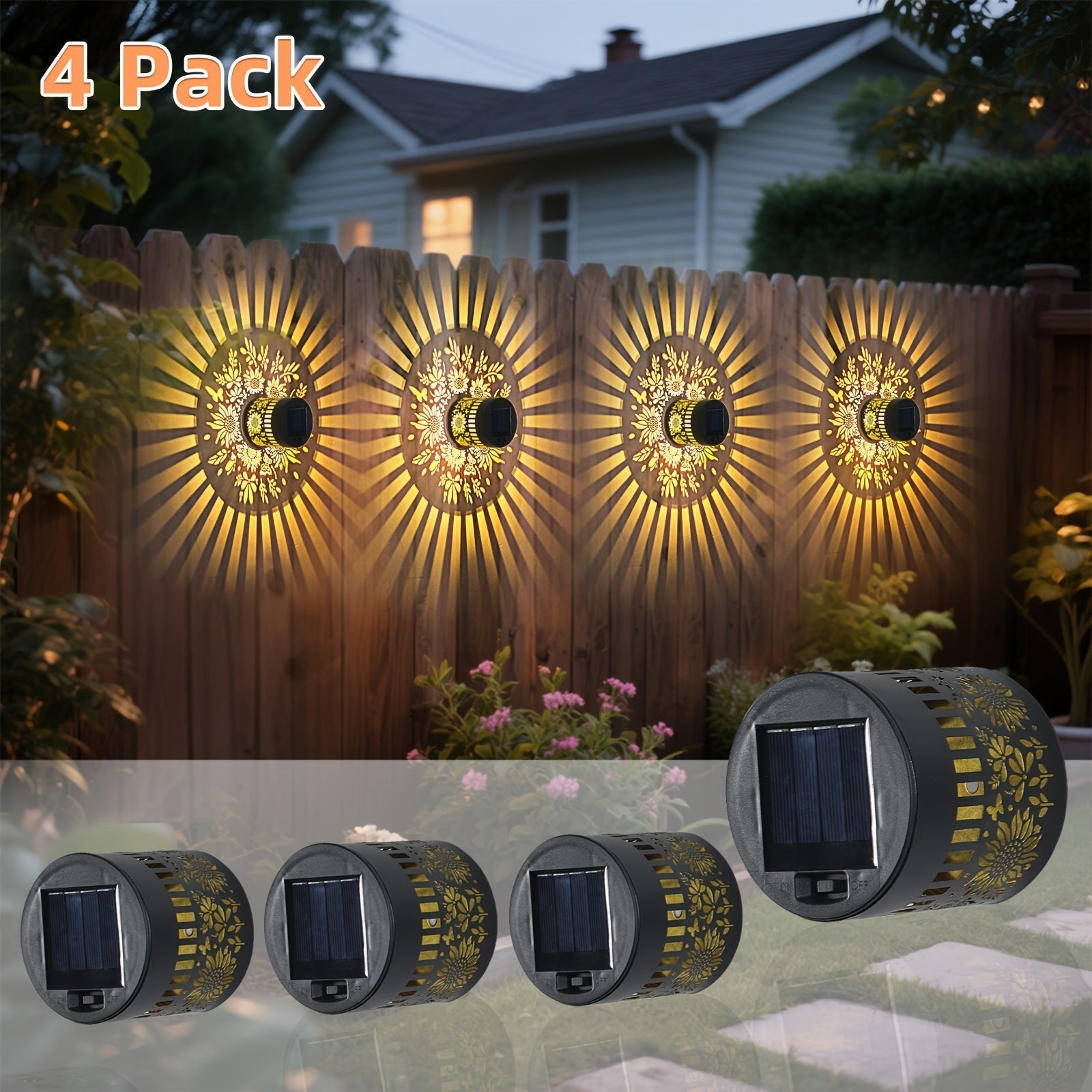 OTDECOR 4pcs Luces Solares para Valla Girasol, Lámparas de Metal con Energía Solar para Exterior, Decoración de Jardín, Patio y Puerta Principal, Temática de Poste, Decoración para Exteriores