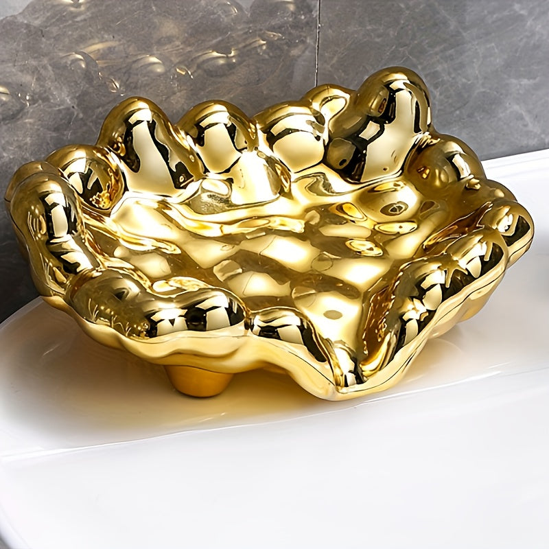 1pc Elegante Jabonera con Acabado Dorado en Forma de Nube - Lujosa, Sin Taladro, Plástico ABS Electroplateado, Diseño Oval Minimalista para Baños Elegantes