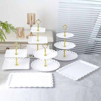 Juego de 6 piezas con 2 bases para cupcakes de 3 niveles, 2 bases para pasteles de 2 niveles y 2 bandejas - Set de repisa para postres en blanco/negro, ideal para cumpleaños, regalos para novias, fiestas, bodas, reuniones de té y buffets