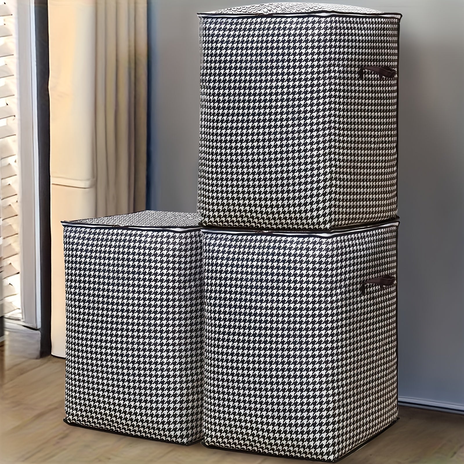 4 piezas de cajas de almacenamiento extra grandes de 47.55 galones, diseño houndstooth, tela gruesa, con cremallera doble y asas para fácil transporte, ideales para ropa, edredones y organización de artículos de temporada, perfectas para el hogar, mudanz