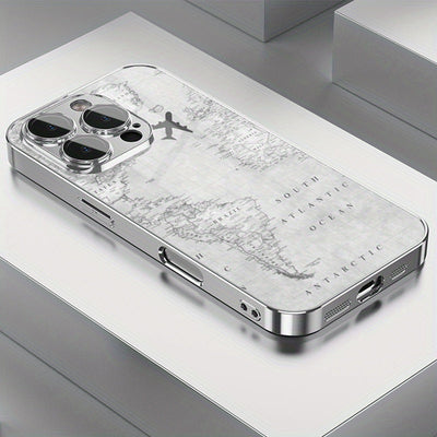 Fundas de Teléfono TPU Electroplateadas con Patrón Creativo de Vuelo en Mapa Gris y Protección para Lente para iPhone 16/16Pro/16ProMax/16Plus/16e, 15/15Plus/15Pro/15ProMax, 14/14Plus/14Pro/14ProMax, 13/13Pro/13ProMax, 12/12Pro/12ProMax, 11/11Pro/11ProMa
