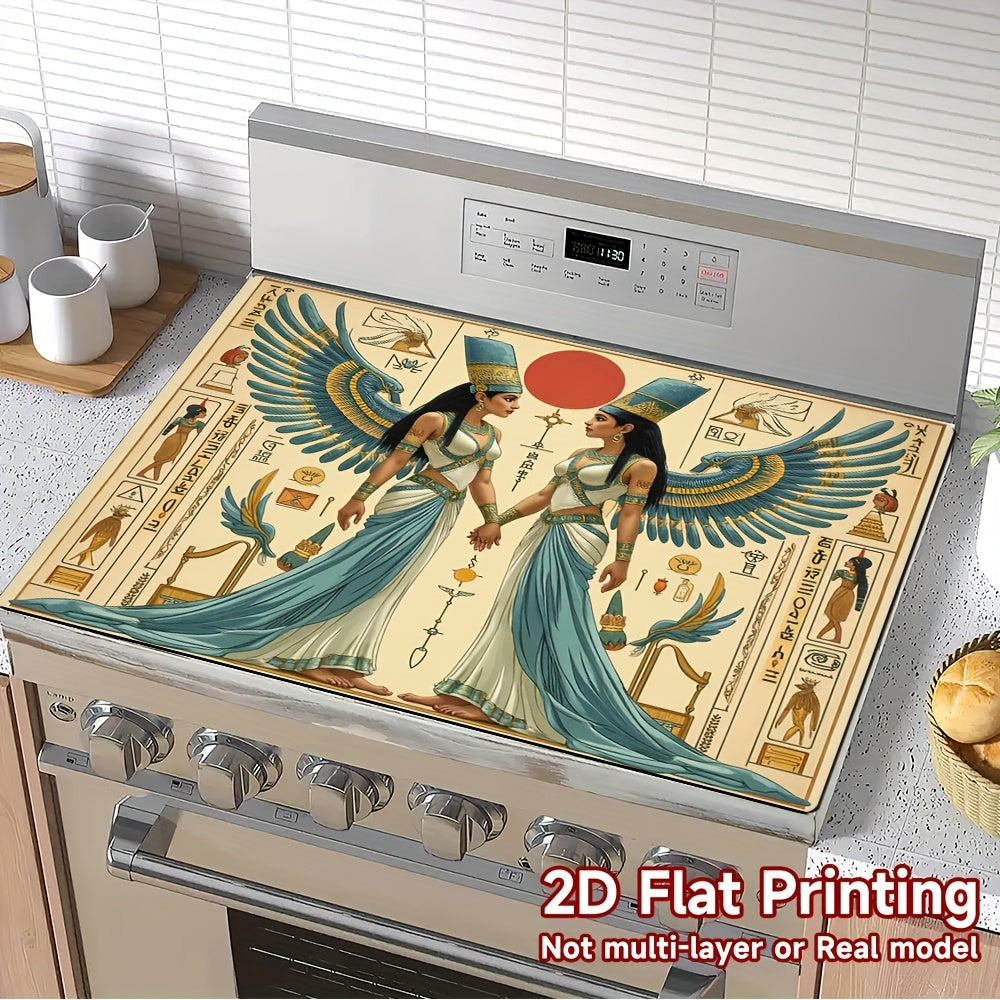 1 pieza, impresión plana 2D, protector de superficie superior de horno plano, diseño de otoño, figuras egipcias antiguas de pie, 100% poliéster, adecuado para decoración de cocina de estufa, lavadora, secadora, protector de vidrio duradero, protector de