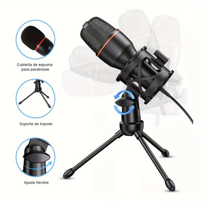 Microfono Capacitivo USB Plug & Play de 3.5 mm para Streaming, Grabación y Gaming - Cuello Ajustable, Soporte Incorporado, Captura de Sonido en Ángulo Total de 180°, Compatible con PC/Portátil (), Diseño Flexible, Micrófono Alimentado por USB
