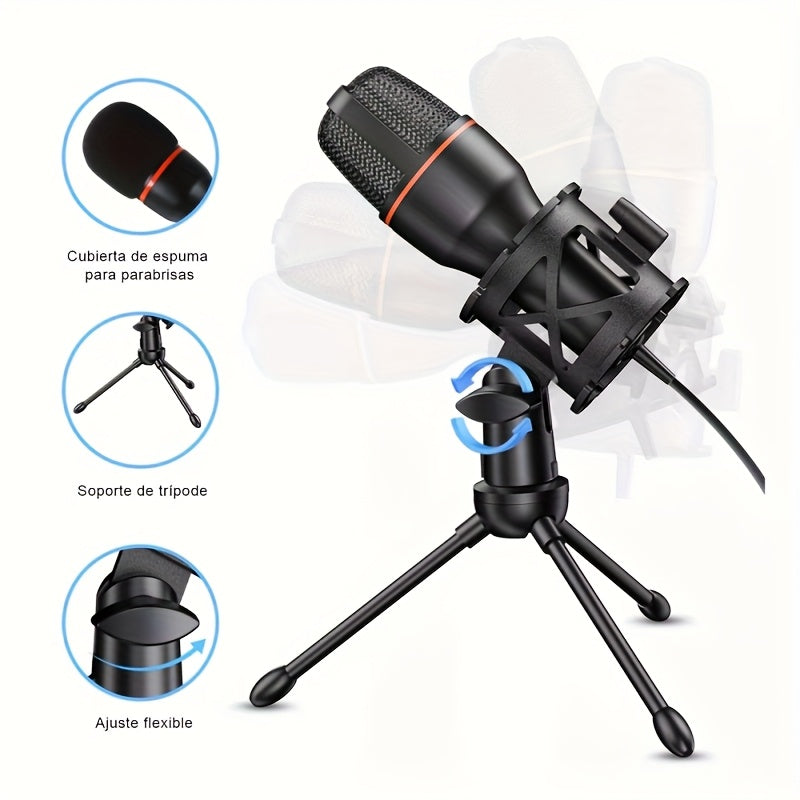 Microfono Capacitivo USB Plug & Play de 3.5 mm para Streaming, Grabación y Gaming - Cuello Ajustable, Soporte Incorporado, Captura de Sonido en Ángulo Total de 180°, Compatible con PC/Portátil (), Diseño Flexible, Micrófono Alimentado por USB