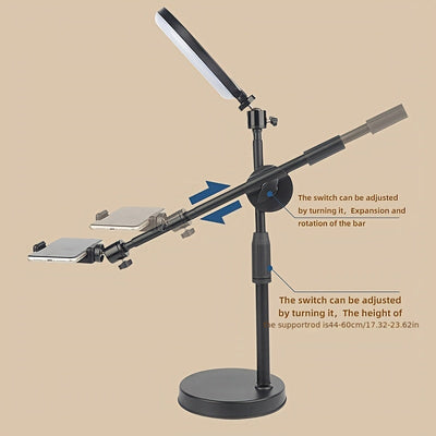 Barra de Iluminación Superior Versátil con Soporte para Teléfono y Soporte para Micrófono de Escritorio - Hierro Negro, Ideal para Transmisiones en Vivo y Fotografía de Comida