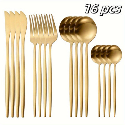 Juego de 16 piezas de cuchillos, tenedores, cucharas y cucharitas de té de acero inoxidable. Pulidos con revestimiento dorado de titanio, aptos para lavavajillas
