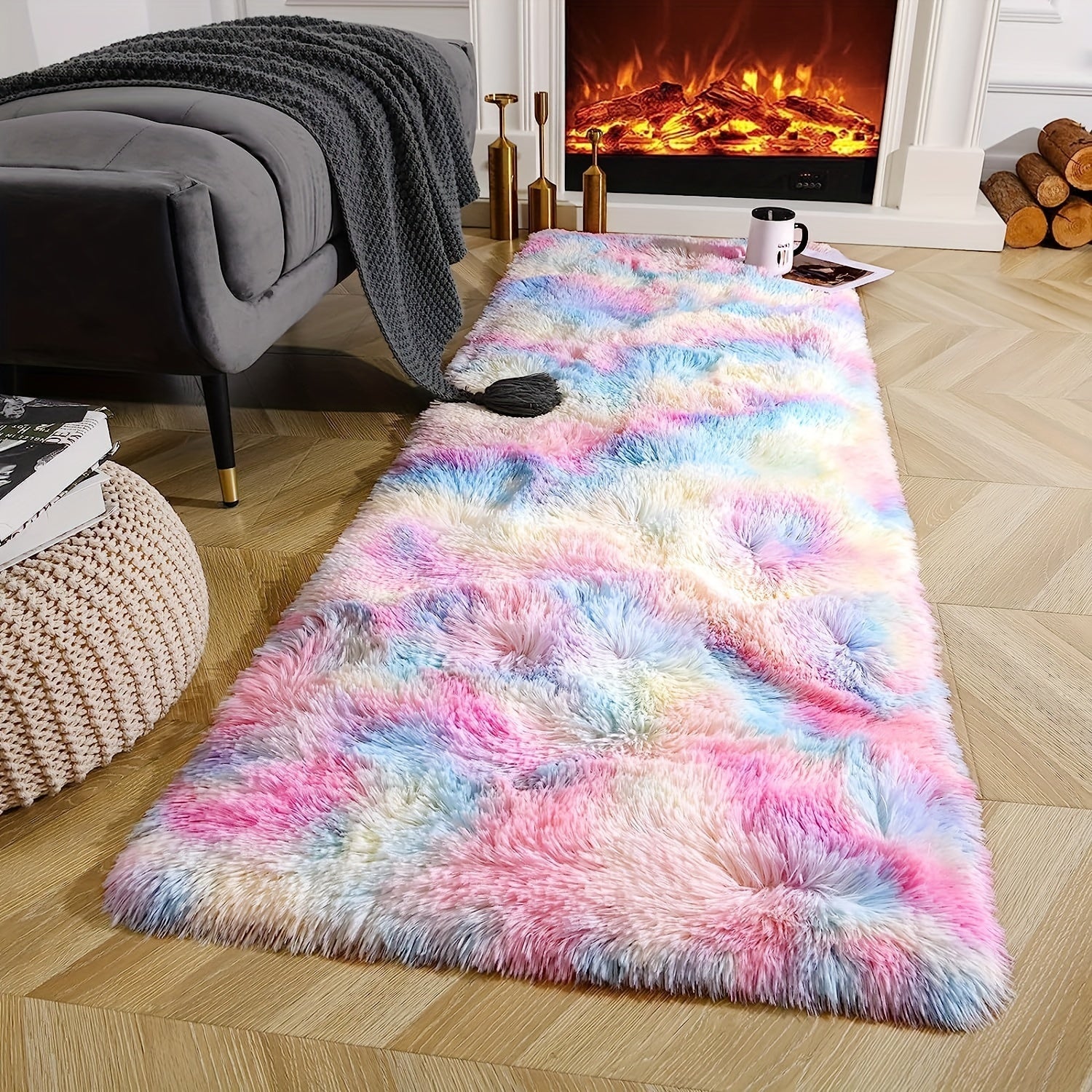 1pc Alfombra de Colores Arcoiris y Peluda, Alfombra Decorativa Colorida, Alfombra de Lana Suave para Dormitorio, Sala de Estar, Área de Descanso, Accesorio de Lado de la Cama, Mesa de Café, Vestidor, Ducha, Entrada, Decoración de Asiento de Sofá - Poliés