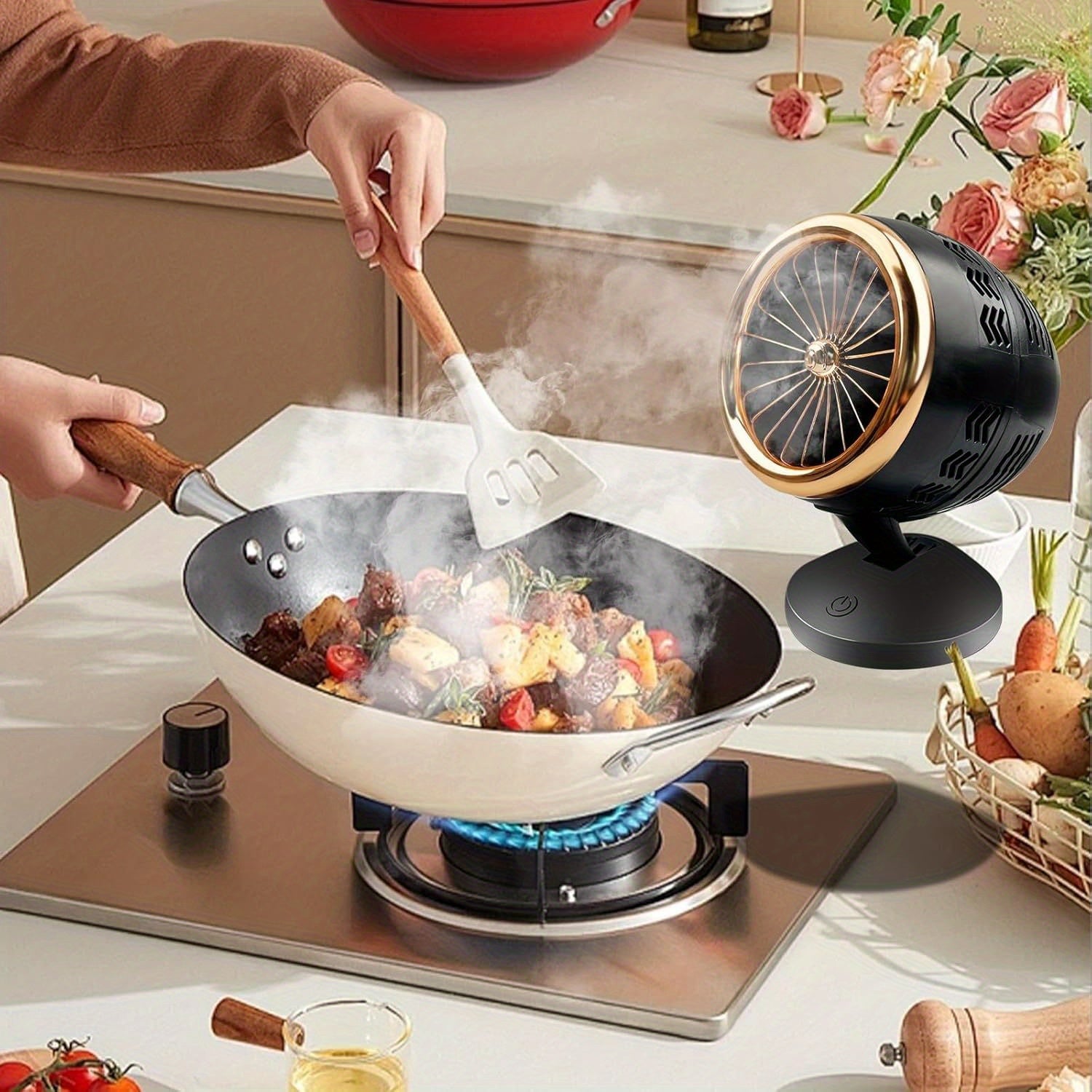 Ventilador de cocina portátil con 3 configuraciones de velocidad, desvanecedor de cocina de escritorio alimentado por USB con filtro de malla extraíble, ventilador de cocina mini para cocinar, barbacoa y olla de vapor, uso doméstico, diseño compacto para