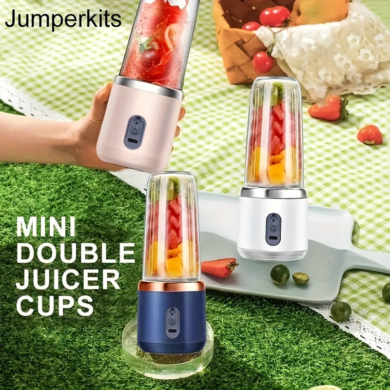 Licuadora y exprimidor portátiles 2 en 1 con carga USB, incluye 6 cuchillas y tazas dobles para ensaladas frescas, batidos y bebidas frías, material de polipropileno, batería de litio de 1500 mAh, ideal para el hogar y viajes, accesorios para exprimidor.