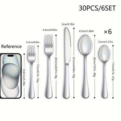 Juego de cubiertos de 30 piezas para 6 personas, juego de vajilla de acero inoxidable de alta gama, pulido a espejo, juego de vajilla duradero para el hogar, incluye tenedor, cuchillo y cuchara, apto para lavavajillas, regalo para el Día del Padre, Día d