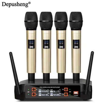 Sistema de micrófono inalámbrico DEPUSHENG, kit de micrófono portátil de 4 canales, con recepción de doble canal, control de volumen, patrón polar unidireccional, conector de 6,35 mm, enchufe estadounidense, fuente de alimentación 110-130V, para escenari