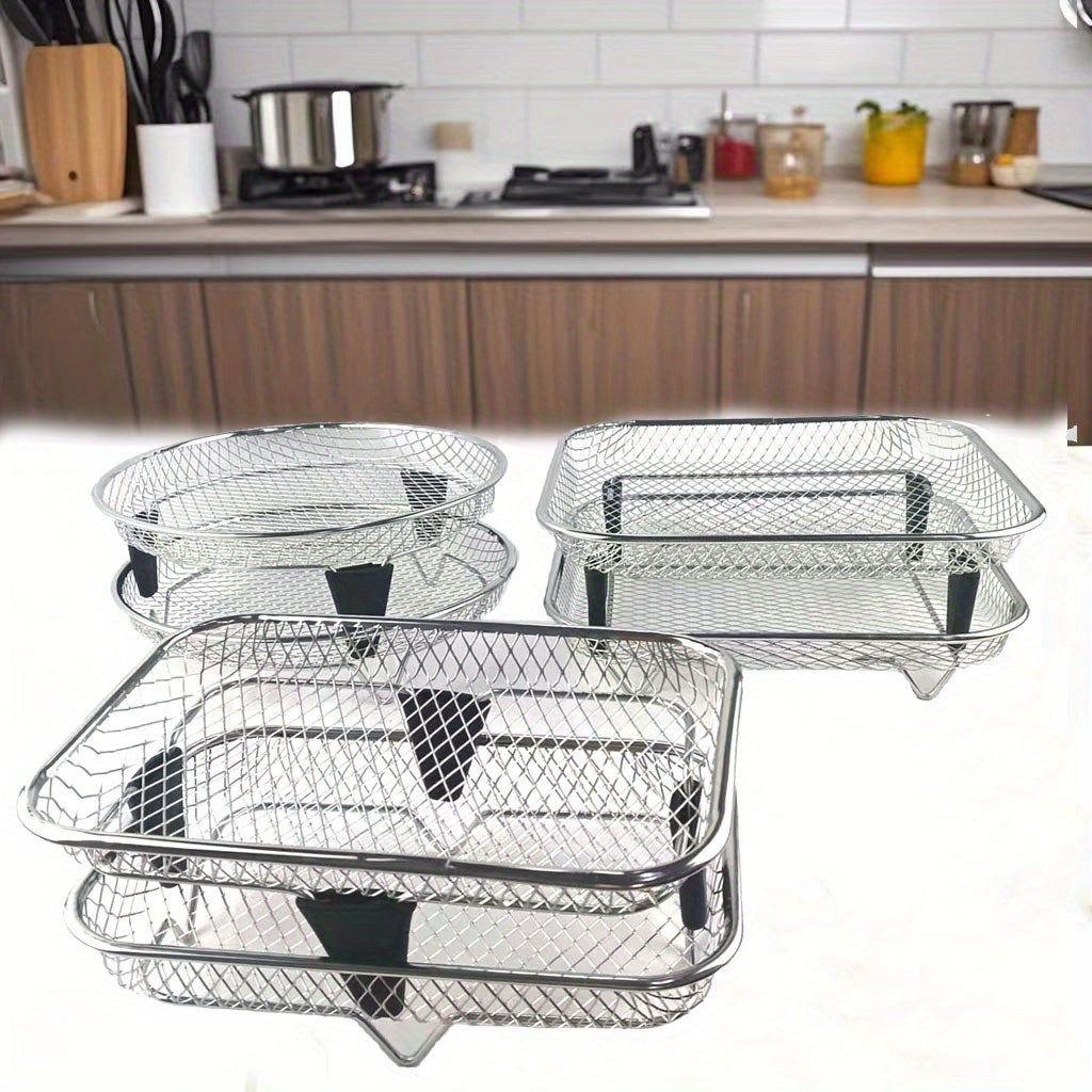 Juego de 6 Accesorios para Freidora de Aire de Acero Inoxidable: Rejilla Apilable, Base Elevadora - Compatible con Horno, Olla a Presión y la Mayoría de Freidoras. Rejilla Multifuncional Duradera y Segura con Diseño de Drenaje, Ideal para Papas Fritas, A