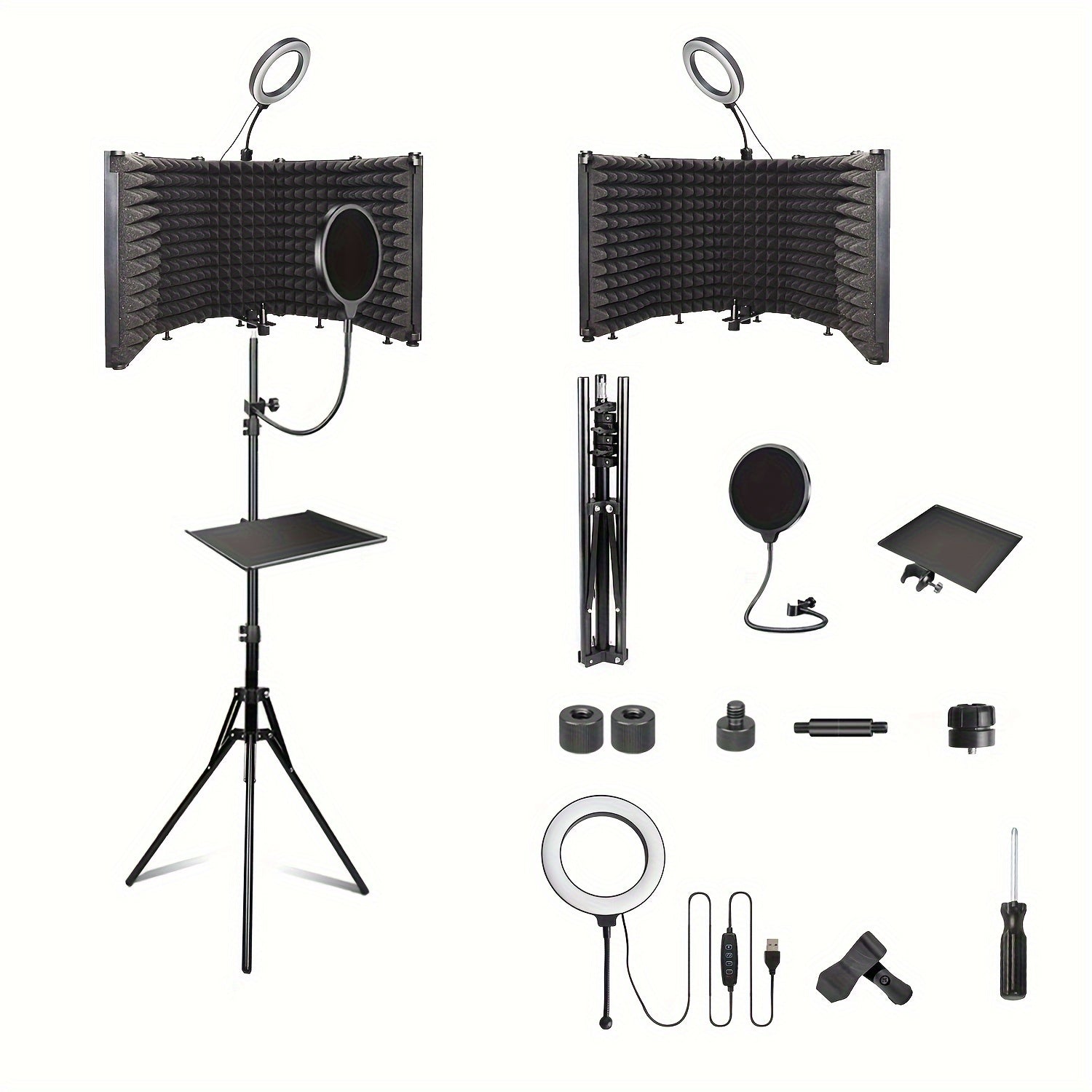 Kit de micrófono de estudio GELEAFMIC con filtro antipop, soporte de trípode de altura ajustable y luz LED, pantalla acústica plegable para grabación, podcasting, transmisión en vivo, canto e instrumentos - Negro