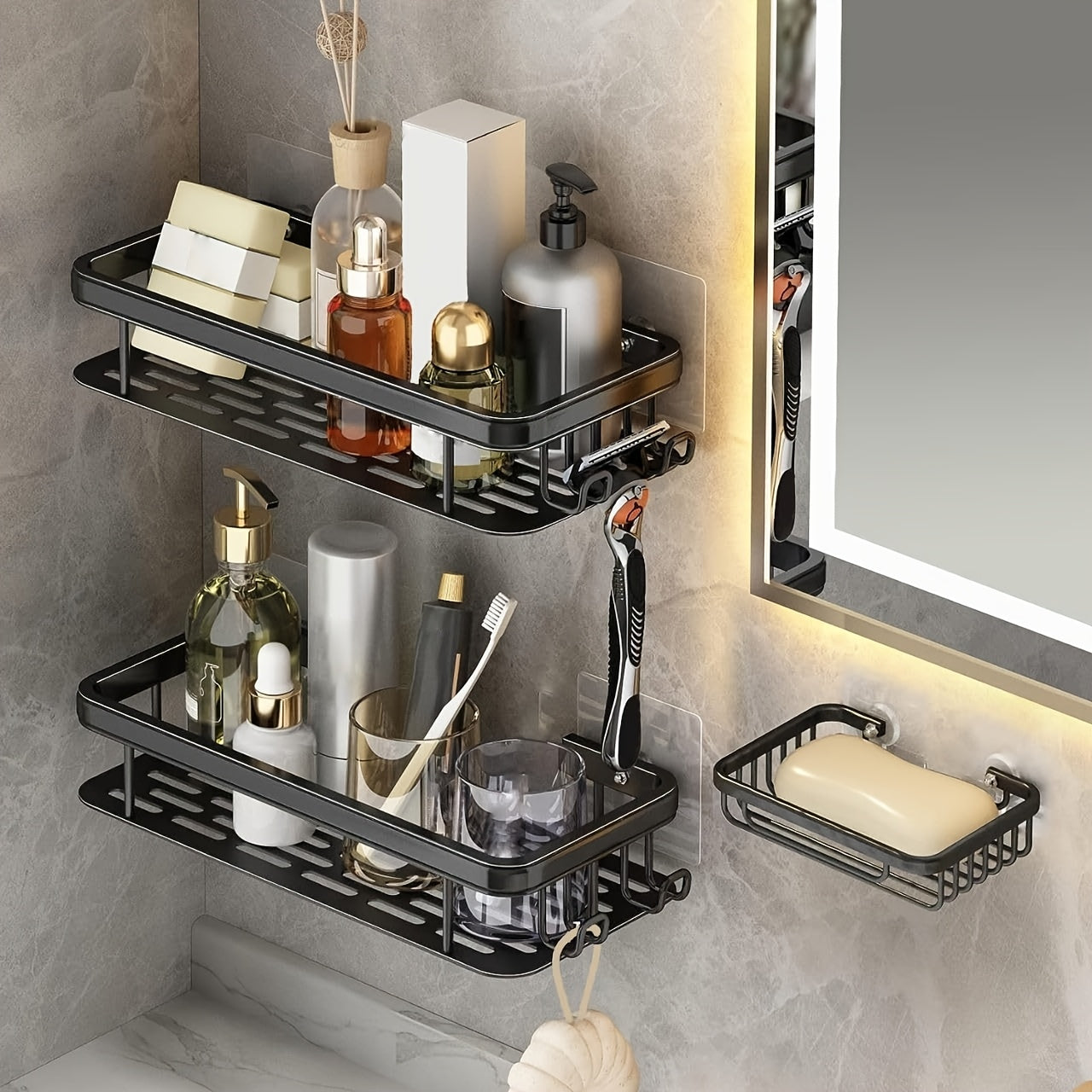 Organizador de ducha de gran capacidad para pared, sin taladro, estante flotante que ahorra espacio para baño y cocina, organizador de plástico ABS para artículos de tocador, cosméticos y accesorios, solución de almacenamiento para baño | Estante de pare