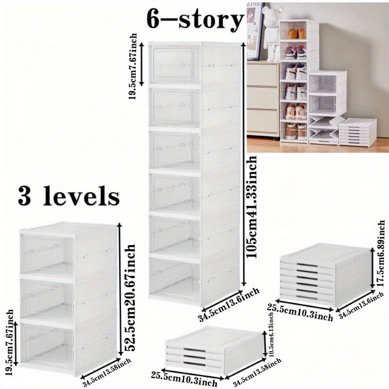 MR IRONSTONE Zapatero Plegable de 3-6 Niveles, Caja de Almacenamiento Plástica Apilable de 9 Capas con Tapas, Estantes Transparentes Antipolvo, Organizador Ahorrador de Espacio para Armario, Entrada, Hogar, Sistema de Estantería Versátil | Diseño Minimal