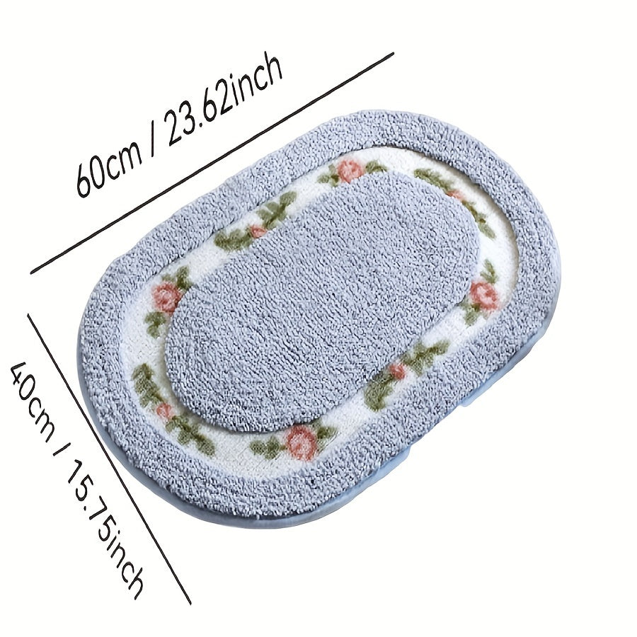 Una alfombra ovalada en la entrada, una alfombra junto a la cama cerca de la ventana salediza, una alfombra antideslizante para el baño y una alfombra absorbente para el cuarto de baño.