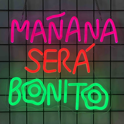 Una pieza de un vibrante letrero de neón: una elegante decoración de pared con luz LED de neón que mejora el ambiente, con una iluminación nocturna brillante y llamativa, con el refrán español "Mañana será hermoso". Funciona sin pilas y tiene un control