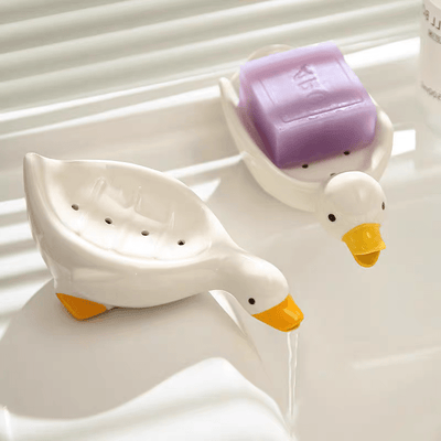 Jabonera con forma de pato auto-drenante, soporte para jabón de baño, bandeja de jabón con diseño de cascada lindo, conveniente para limpieza y almacenamiento