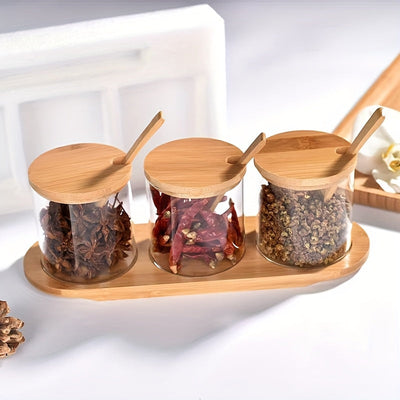 Juego de 3 Tarros de Vidrio con Bandeja y Cuchara, 11.83 oz/350 ml, Recipientes Herméticos para Almacenar Sal, Pimienta, Azúcar y Especias, Contenedores Apto para Alimentos, Ideal para Conservación de Condimentos
