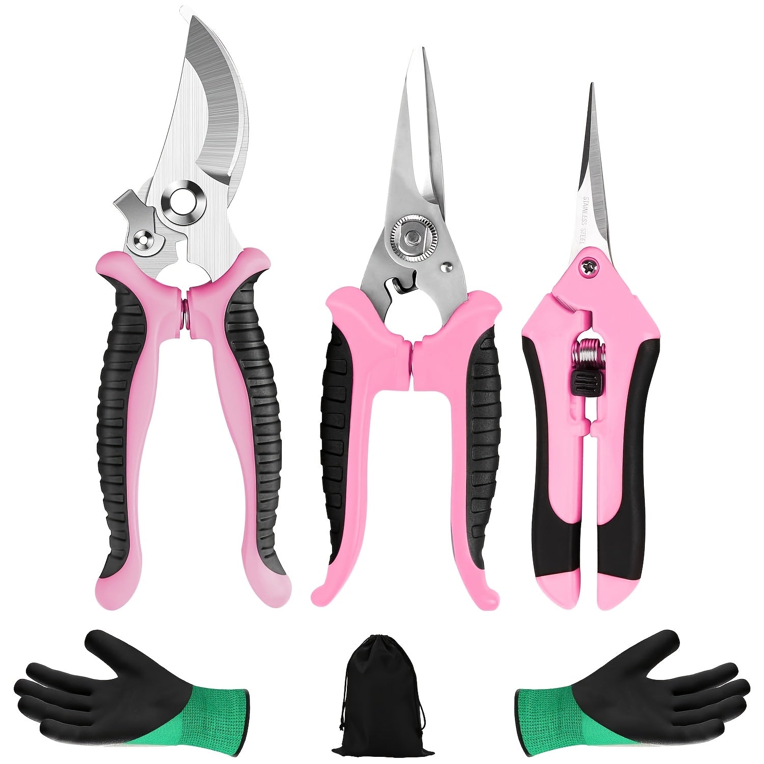 3 piezas de Tijeras de Poda de Flores Profesionales Rosa, Cuchillas de Acero Inoxidable - Conjunto de Herramientas de Poda de Jardín Portátiles Ergonómicas con Embalaje de Caja, Ideal para Cortar Flores, Frutas y Verduras, Herramientas de Poda de Jardín