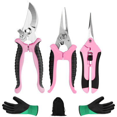 3 piezas de Tijeras de Poda de Flores Profesionales Rosa, Cuchillas de Acero Inoxidable - Conjunto de Herramientas de Poda de Jardín Portátiles Ergonómicas con Embalaje de Caja, Ideal para Cortar Flores, Frutas y Verduras, Herramientas de Poda de Jardín