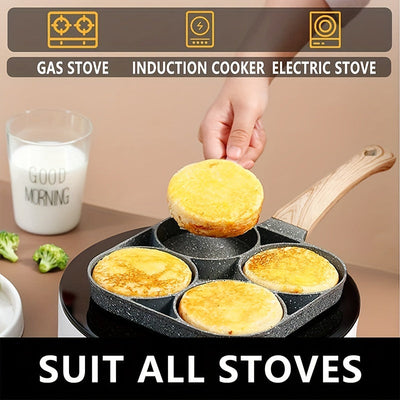 1pc Sartén Antiadherente de 4 Agujeros con Revestimiento de Piedra Médica, Diseño Manchado & Mango de Madera - Multiusos para Tortillas, Pancakes, Hamburguesas, Tocino, Bistec - Distribución Uniforme del Calor, Fácil Limpieza, Segura en Estufa, Sartén pa
