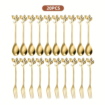 Juego de 20 Piezas de Tenedores y Cucharas Doradas en Acero Inoxidable con Forma de Hoja, Cubiertos para Postres Elegantes y Duraderos, Antióxido y Fáciles de Limpiar | Ideales para Mezclar Frutas, Aperitivos, Pasteles, Ensalada de Queso - Perfectos para