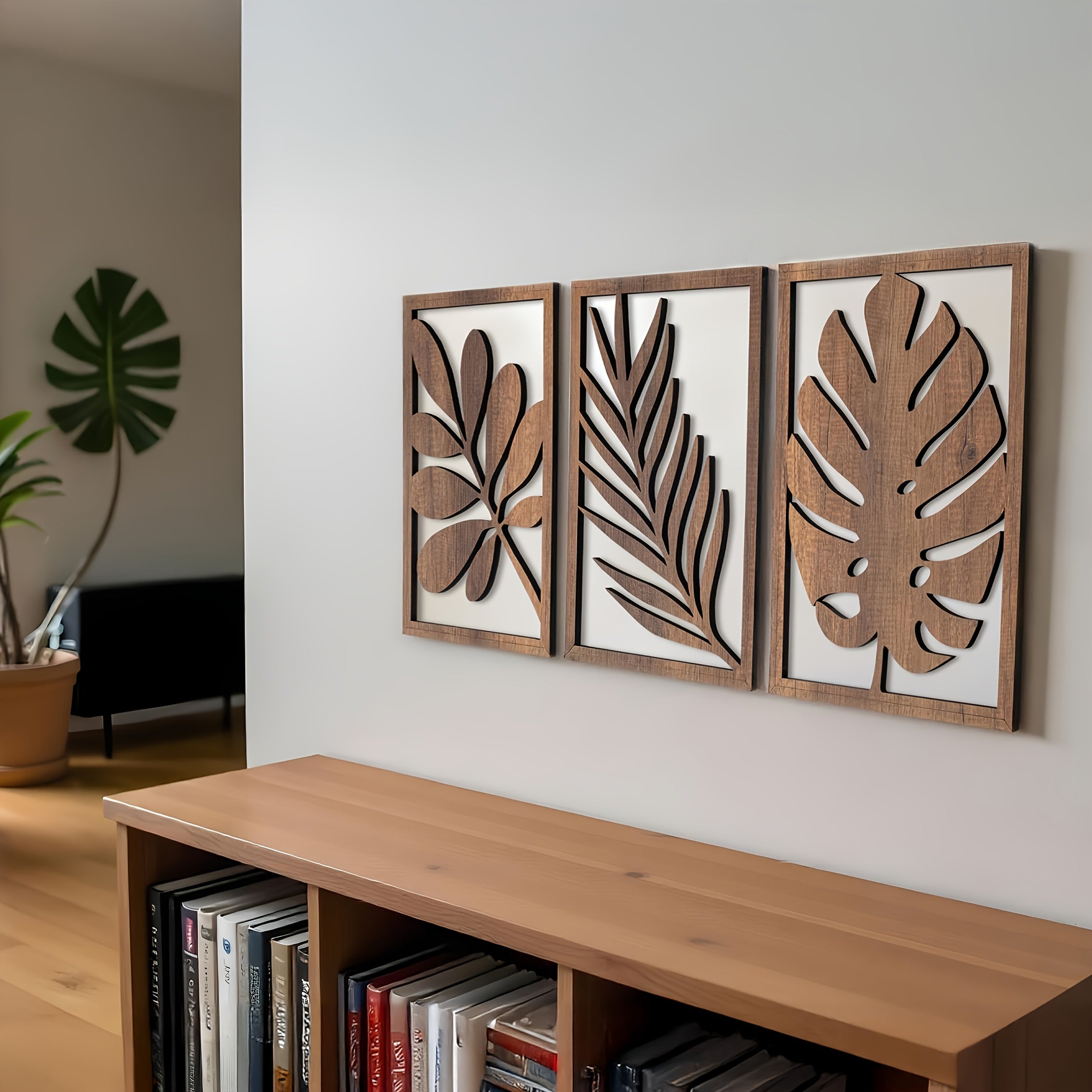 Juego de 3 esculturas de pared rústicas, arte de pared grande para decoración del hogar en sala de estar, dormitorio, oficina, fácil de instalar, patrón de hojas.