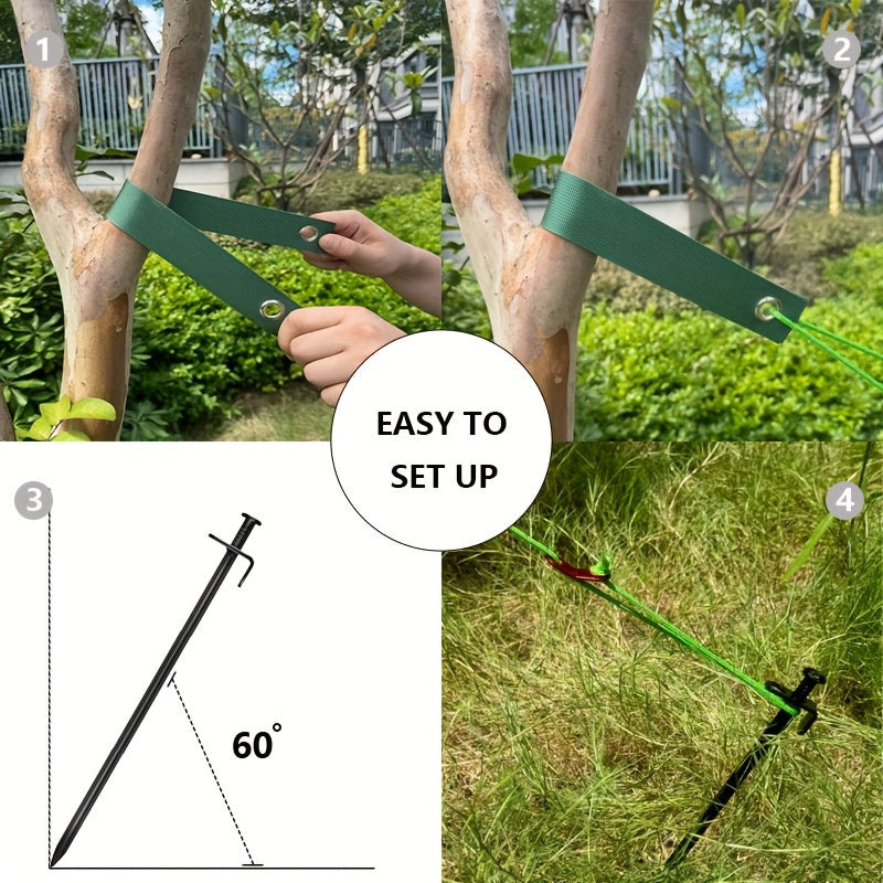 Juego de ataduras de soporte de tronco de árbol de alta resistencia verde, 9 piezas de clavos de tierra negros, adecuados para atar árboles de jardín al aire libre, reparaciones y salidas moldeadas, refuerzo de tienda de picnic